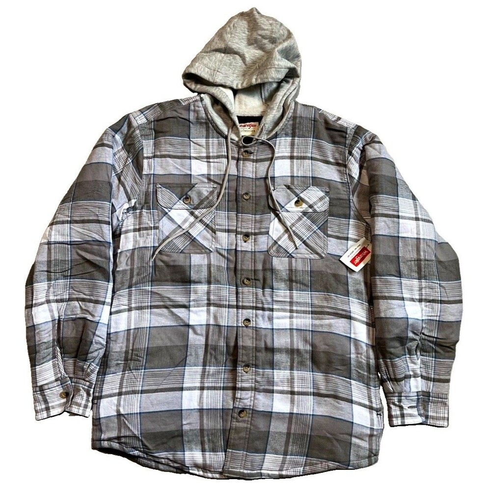 NWT Wrangler Mens Medium Gray Plaid Hooded Quilted Lined Flannel Shacket Fall